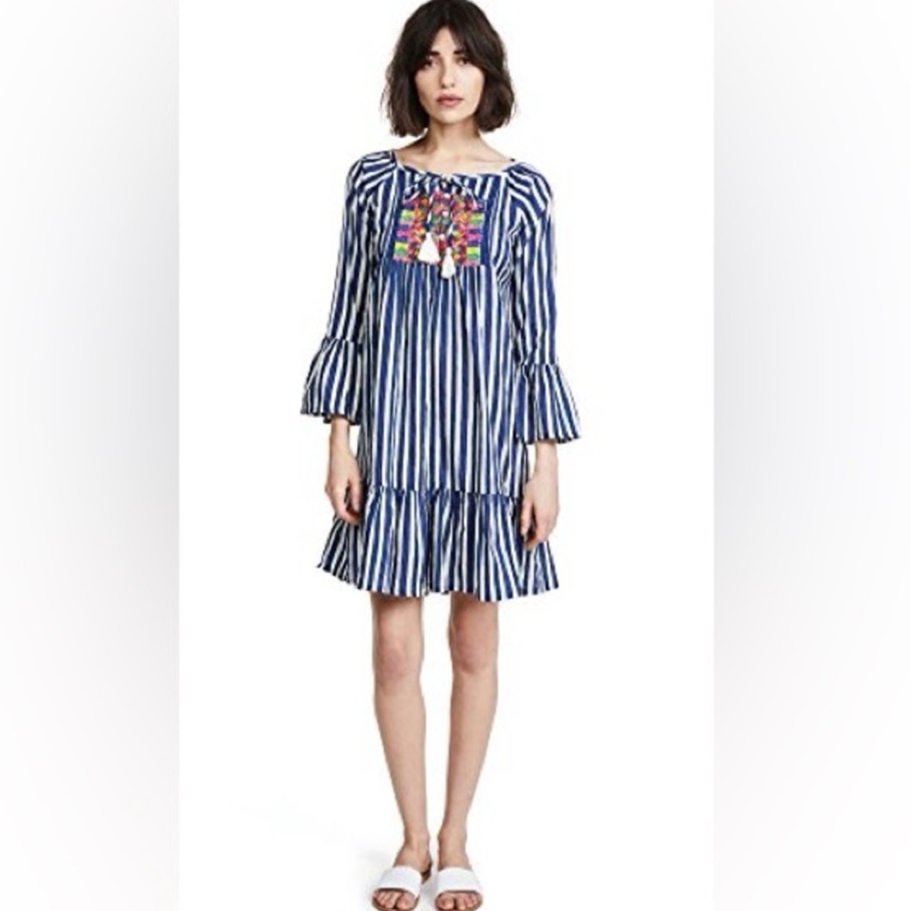 Roller Rabbit. Stripped Tiered Dress w/Embroidery & Tassels. Blue & White. Small